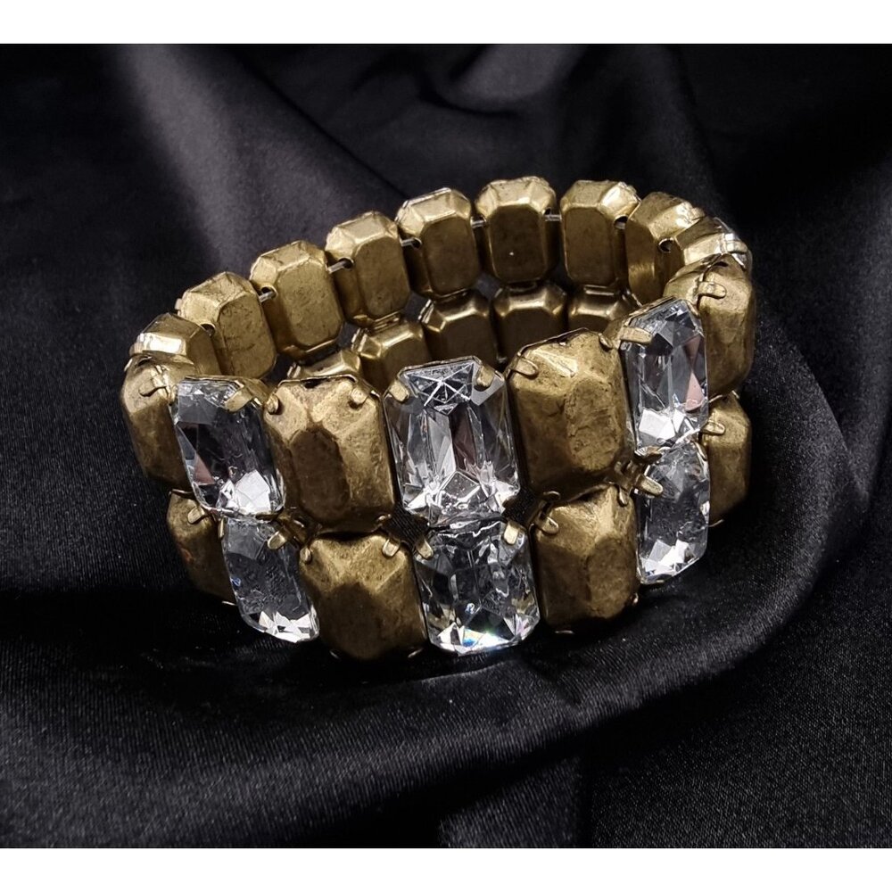 Vintage 1990's Graziano Gold-Tone Stretch Bracelet With Clear Rhinestones